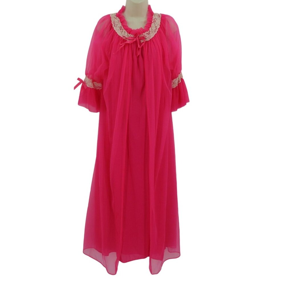 VTG Union Made Women Medium Pink Sheer Nightgown Dress Robe Set Solid Pink Lace